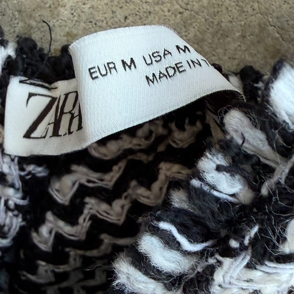 ZARA Houndstooth Black White Fringe V Neck Pinafore Jumper Mini Dress medium - Picture 4 of 6